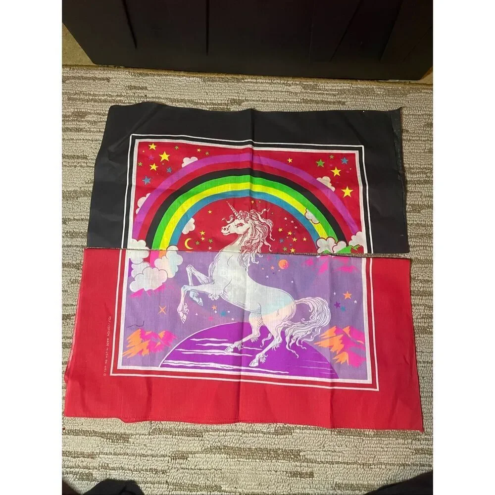 Vintage 80’s Unicorn handkerchief Bandana Stars Rainbow Scarf Mask Curtain USA l